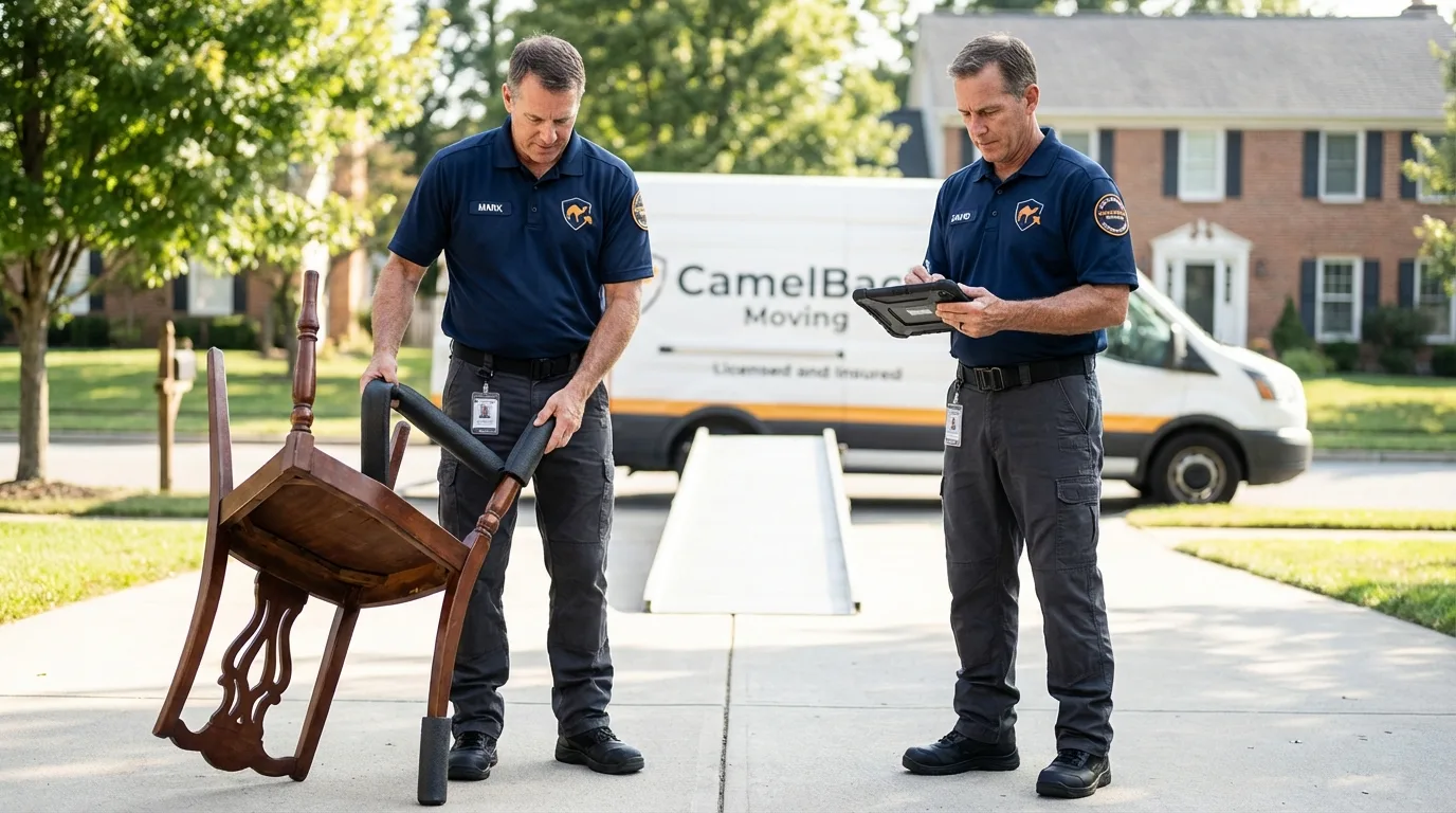 Movers inspecting furniture for damage prevention before loading in Red Bay, AL