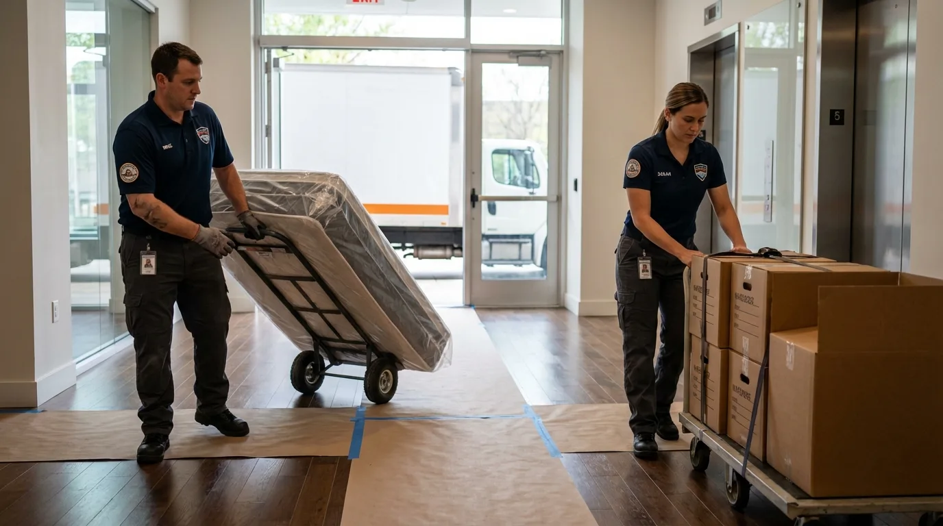 Professional apartment movers loading elevator in Red Bay, AL